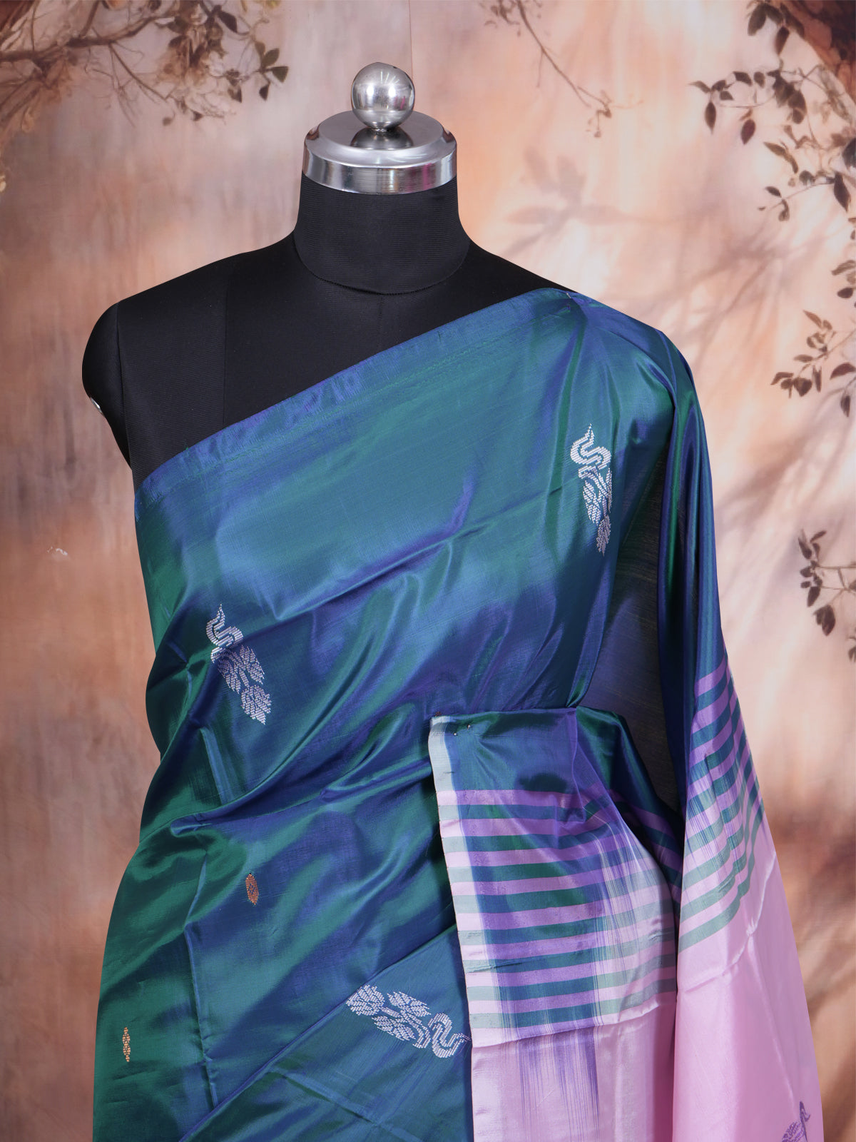 Peacock Blue With Baby Pink Semi Silk Saree