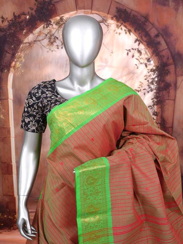 Sandalwood Brown and Parrot Green Chettinad Cotton Saree