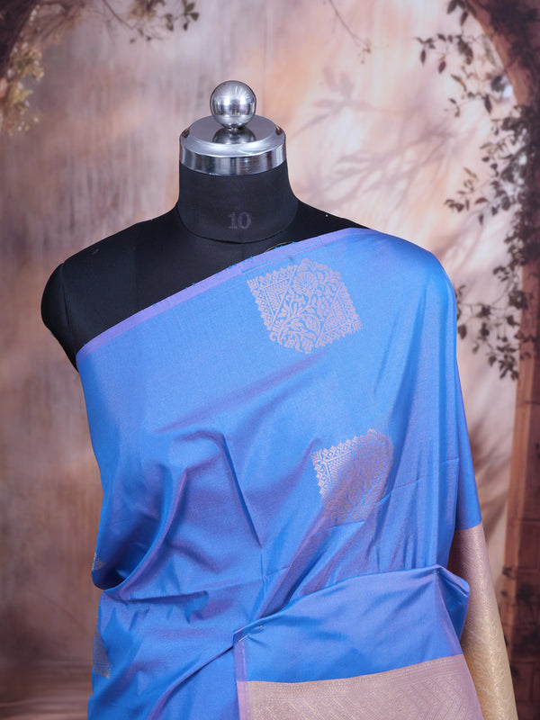 Lavender Blue With Sandal Semi Silk Saree