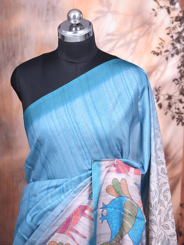 Sky Blue with Teal - Semi Tussar Saree