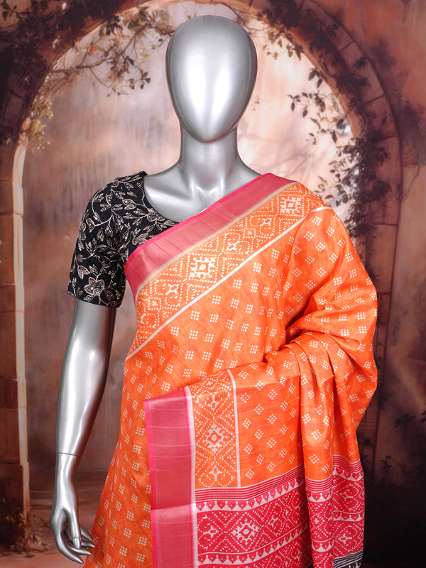 Orange Saree with Pink and Black Patola Munthi Dola Silk Saree