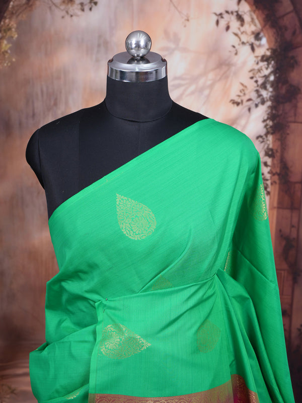 Leaf Green with Rani Pink Semi Silk Saree