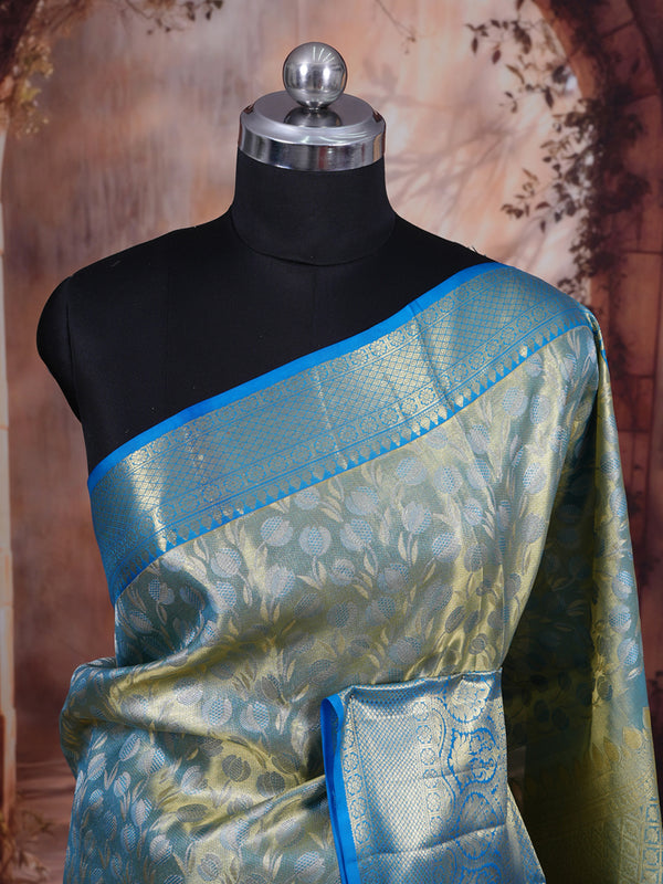 Luminous Olive Green and Electric Blue Kanjivaram Silk Saree