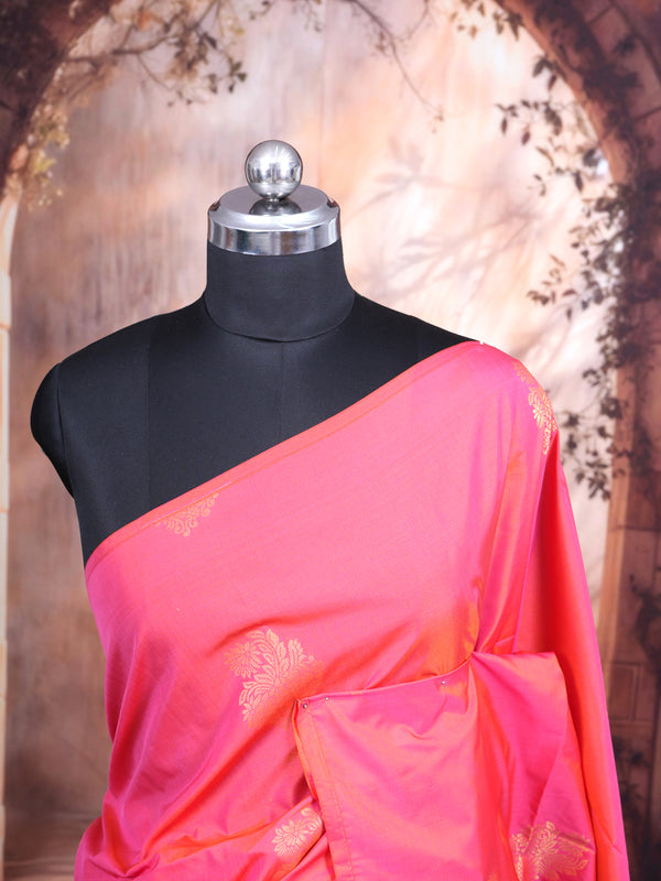 Peach - Pink with Bottle Green Semi Silk Saree