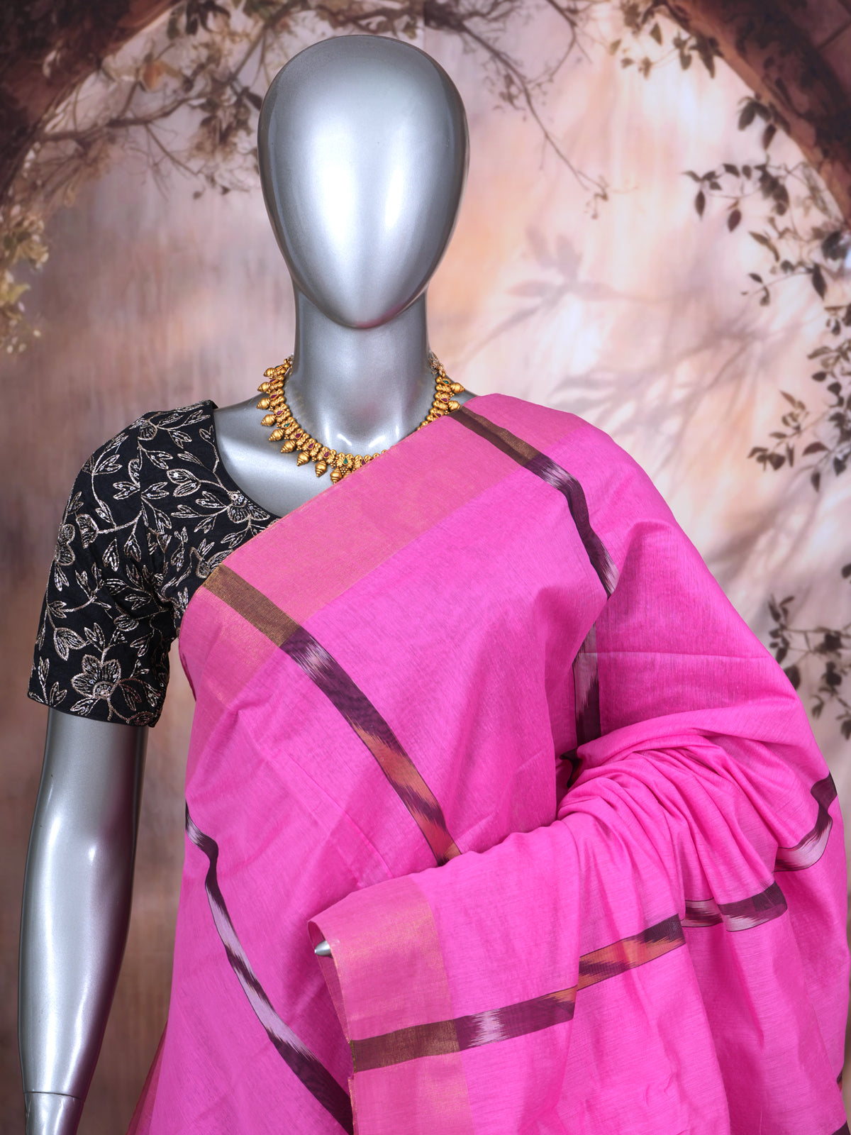 Pink with Dark Brown - Pochampalli Cotton Saree