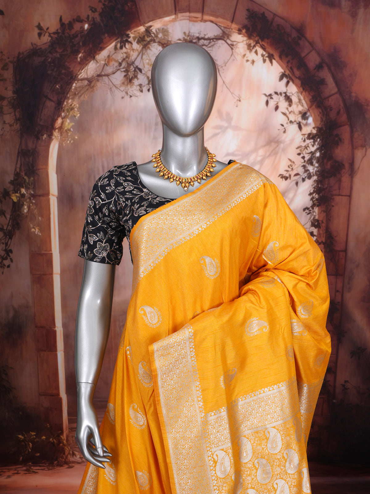 Mustard Yellow with Silver Zari - Semi Tussar Saree