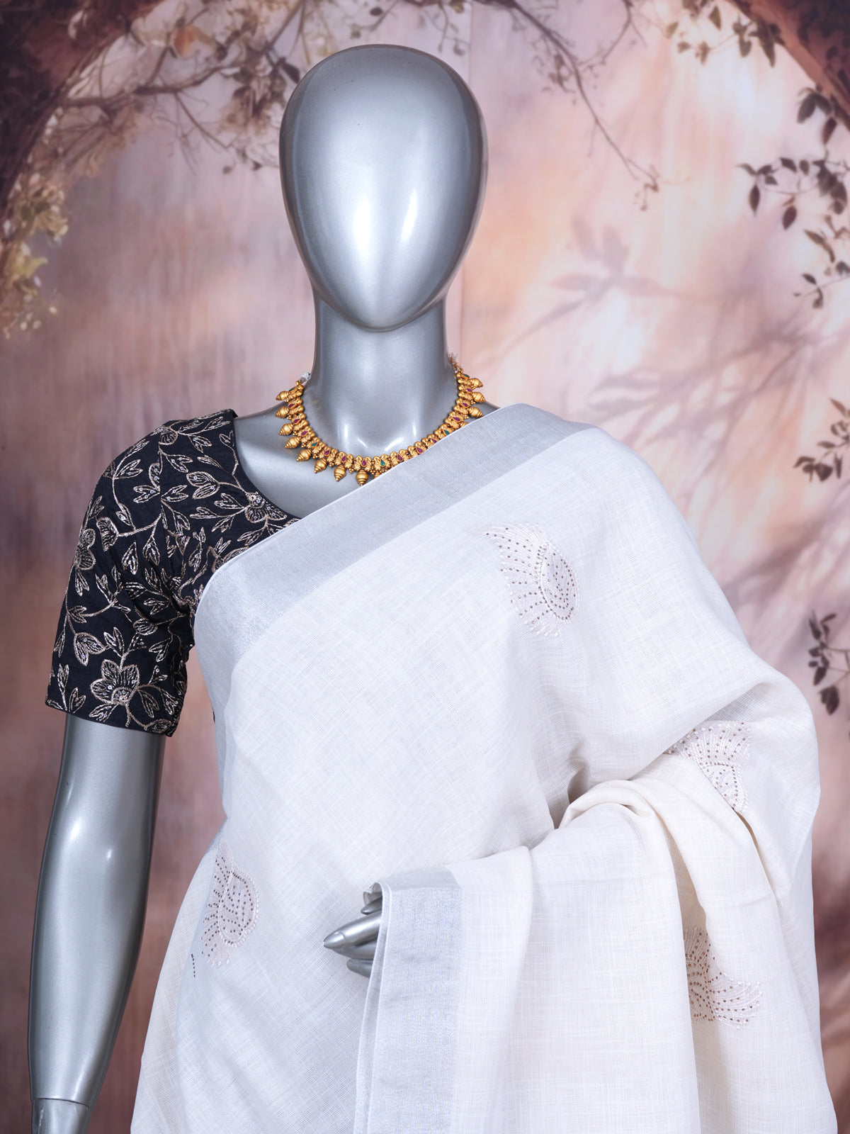 Off-White with Silver - Linen Cotton Saree