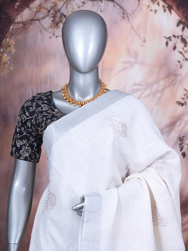Off-White with Silver - Linen Cotton Saree