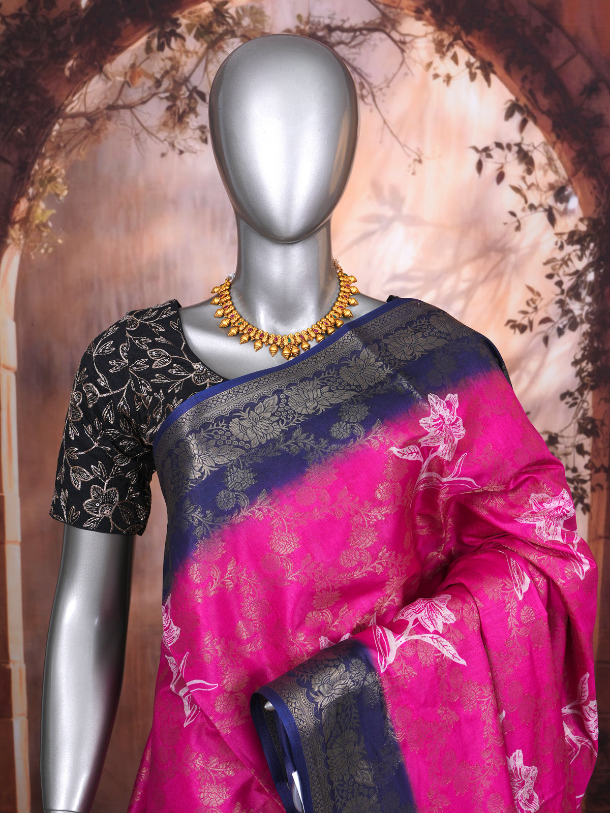Magenta with Navy Blue - Semi Tussar Saree