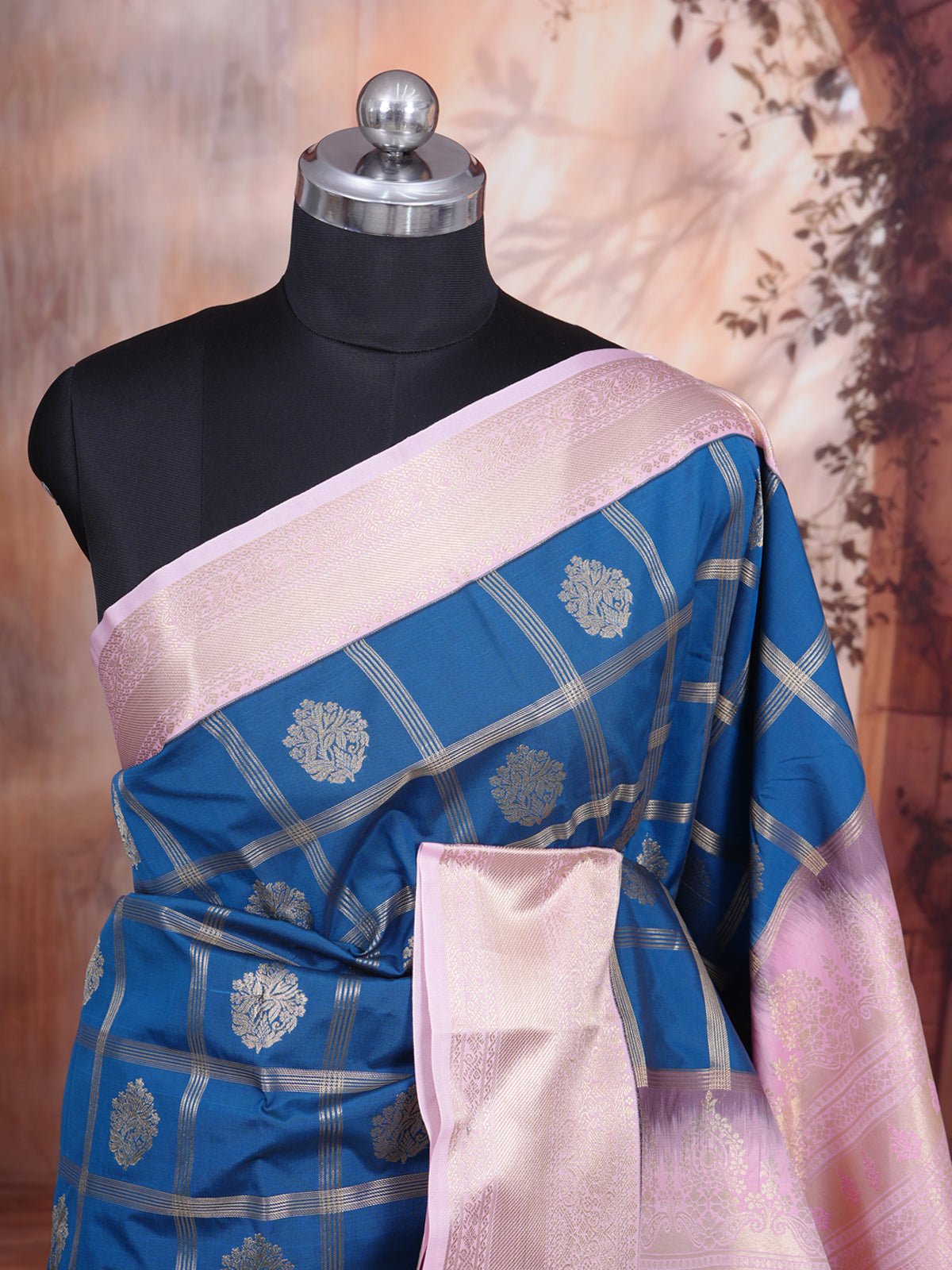Peacock Blue and Baby Pink Kanchipuram Fancy Silk Saree