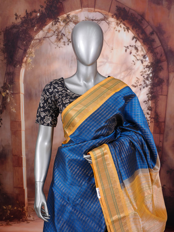 Royal Blue Pure Silk Cotton Saree with Mustard Yellow Zari Border