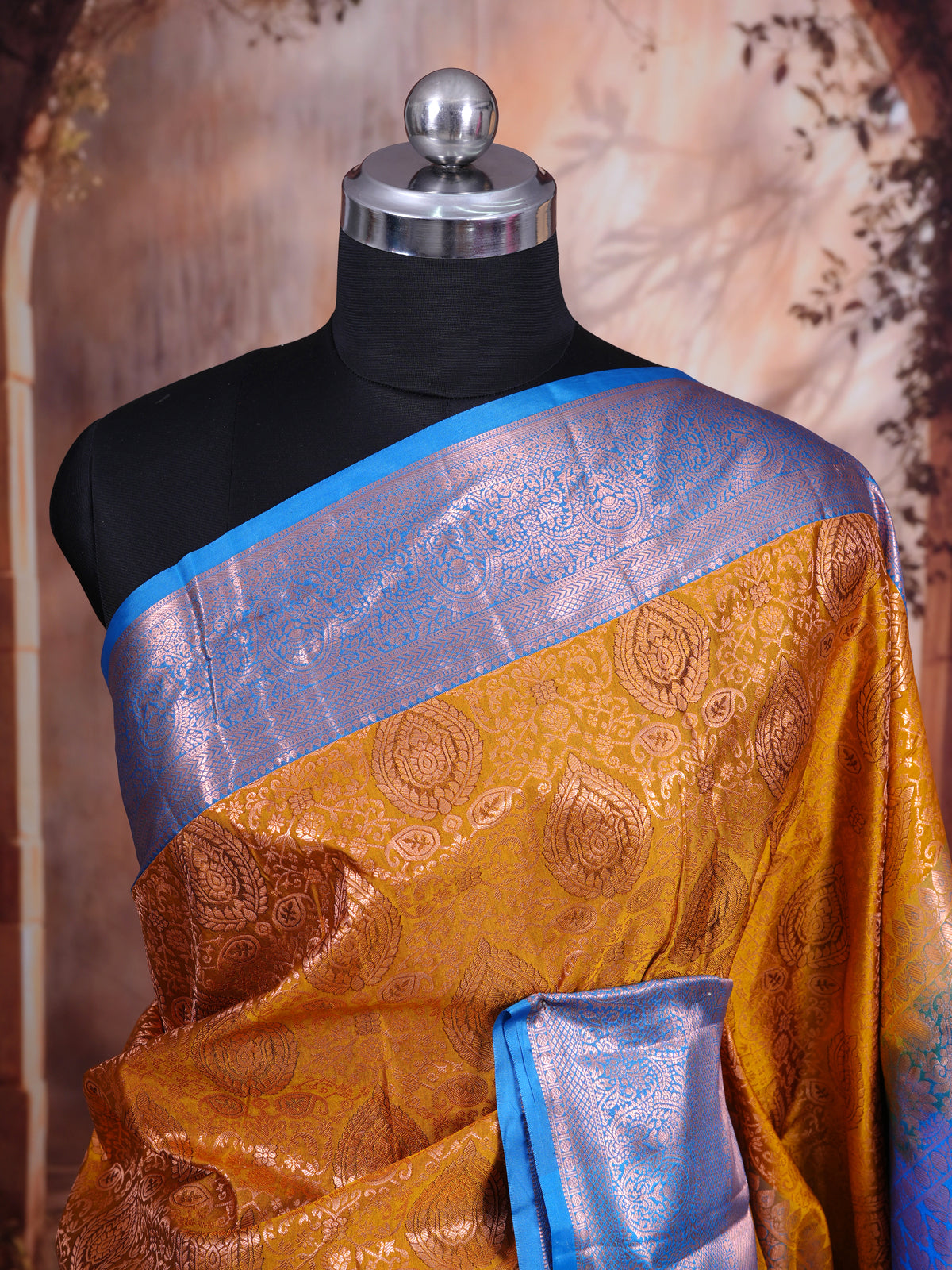 Splendid Honey Mustard and Cerulean Blue Kanjivaram Silk Saree