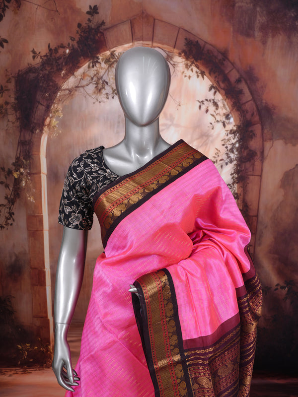 Elegant Rani Pink With Wine-colored border Pure Silk Cotton Handloom Saree