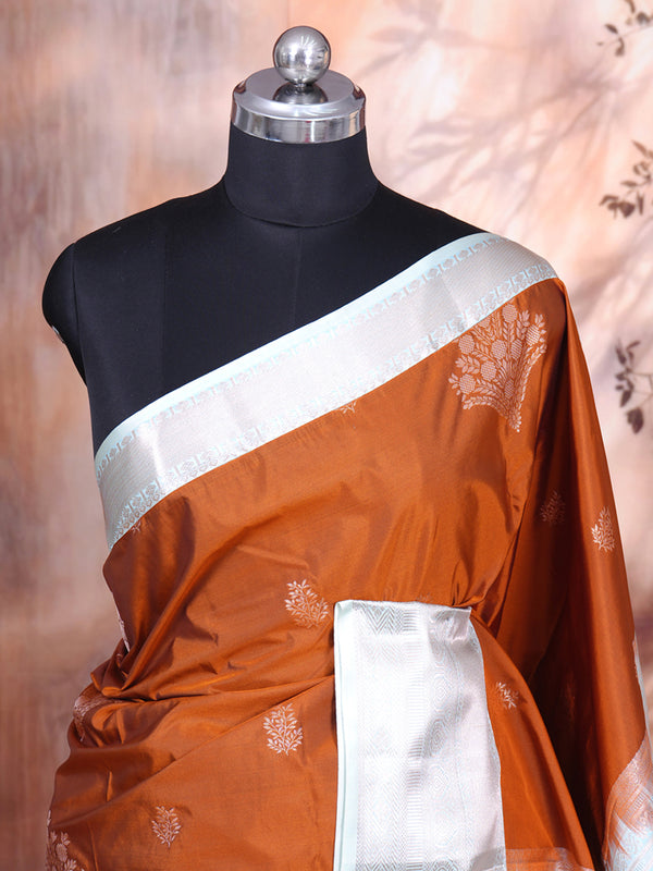 Rust Brown and Silver Kanchipuram Fancy Silk Saree