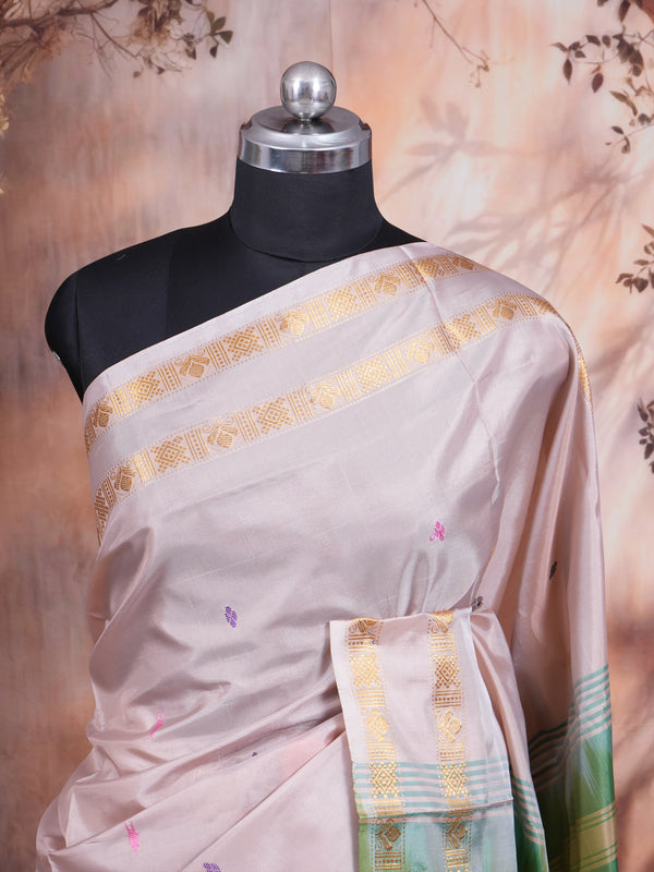 Beige With Green Semi Silk Saree