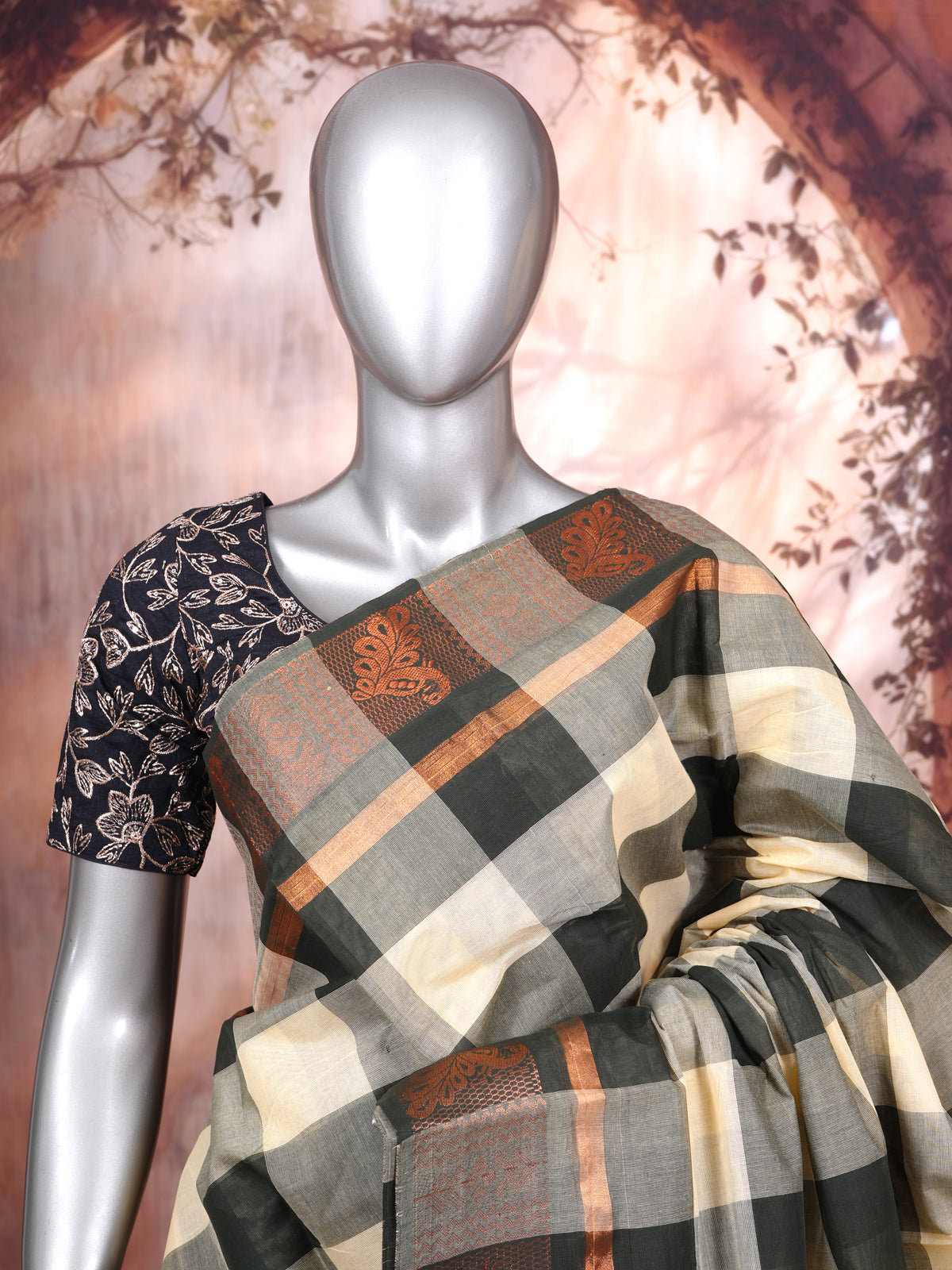 Cream and Black with Copper Munthi Chettinad Cotton Saree