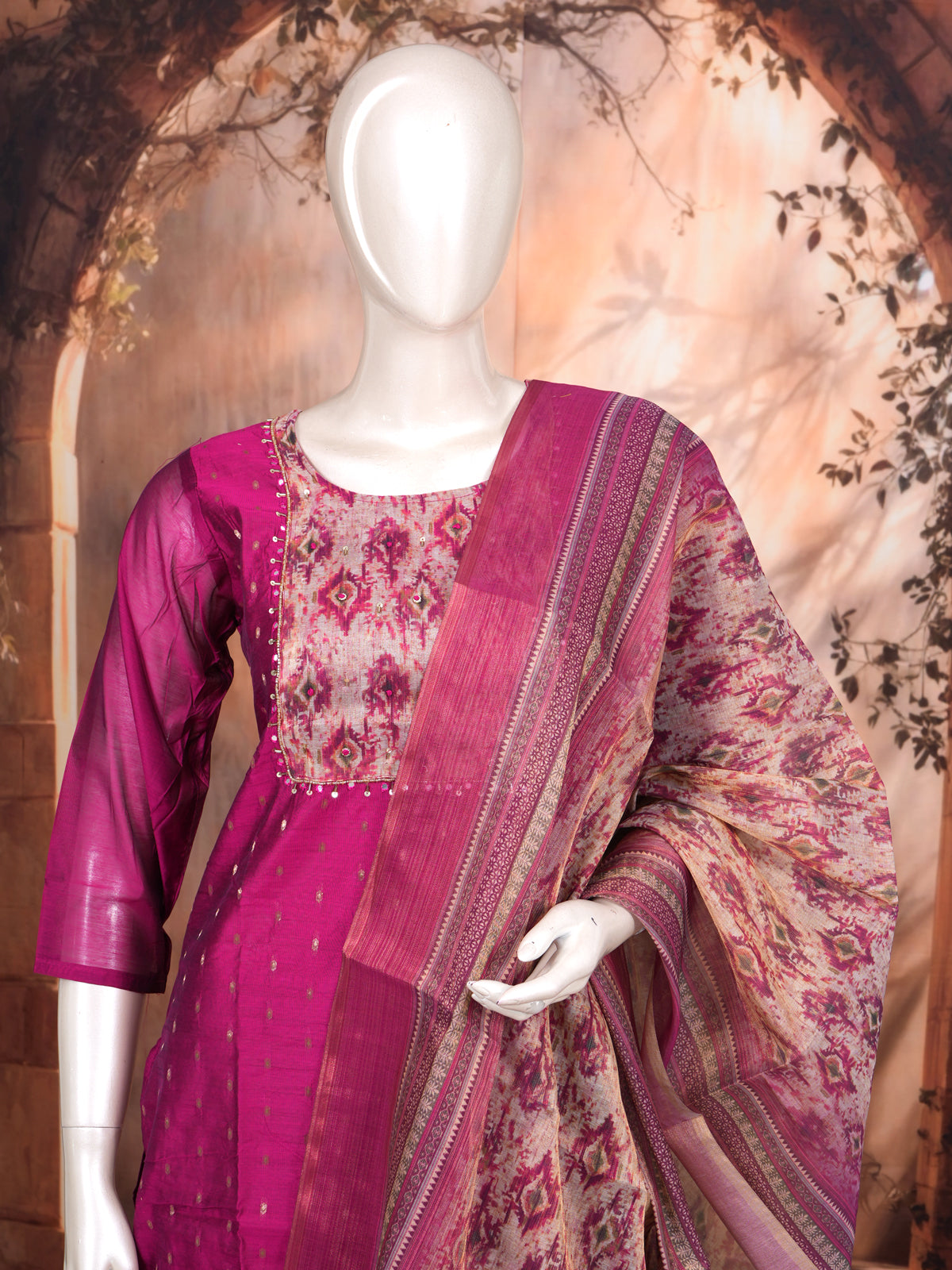 Magenta with Beige Printed Dupatta Ready Made Kurti Set