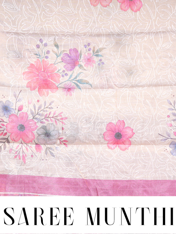 Beige with Pink - Linen Cotton Saree