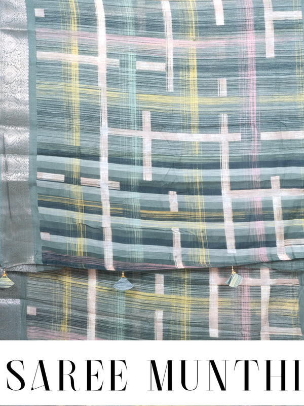 Sage Green with Silver Pallu - Semi Raw Silk Saree
