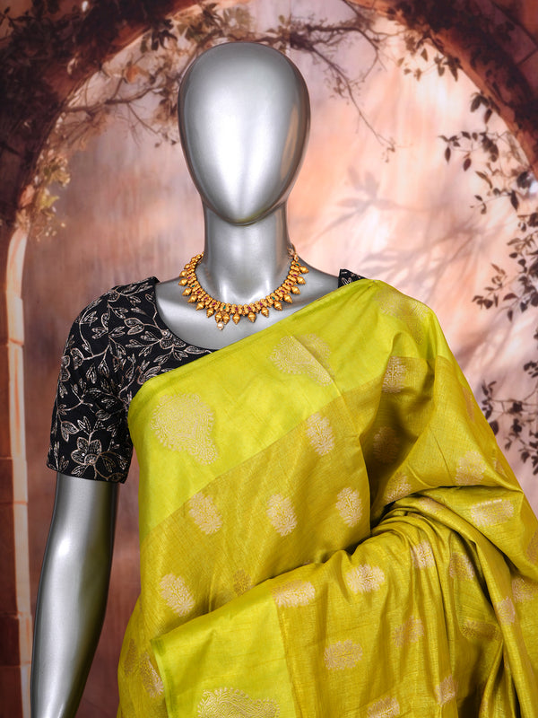 Olive Lime Green with Gold Zari - Semi Tussar Saree
