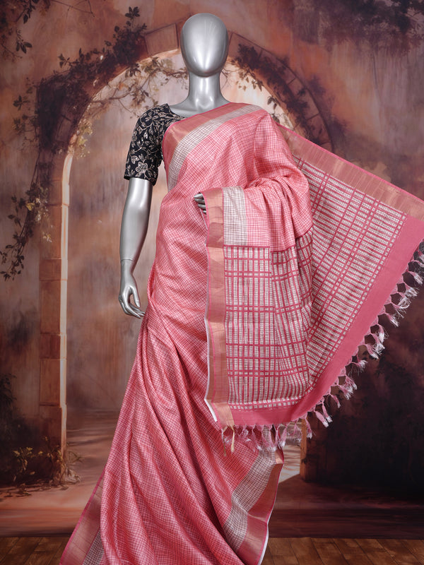 Pink and Off-White Grid Dola Silk Saree