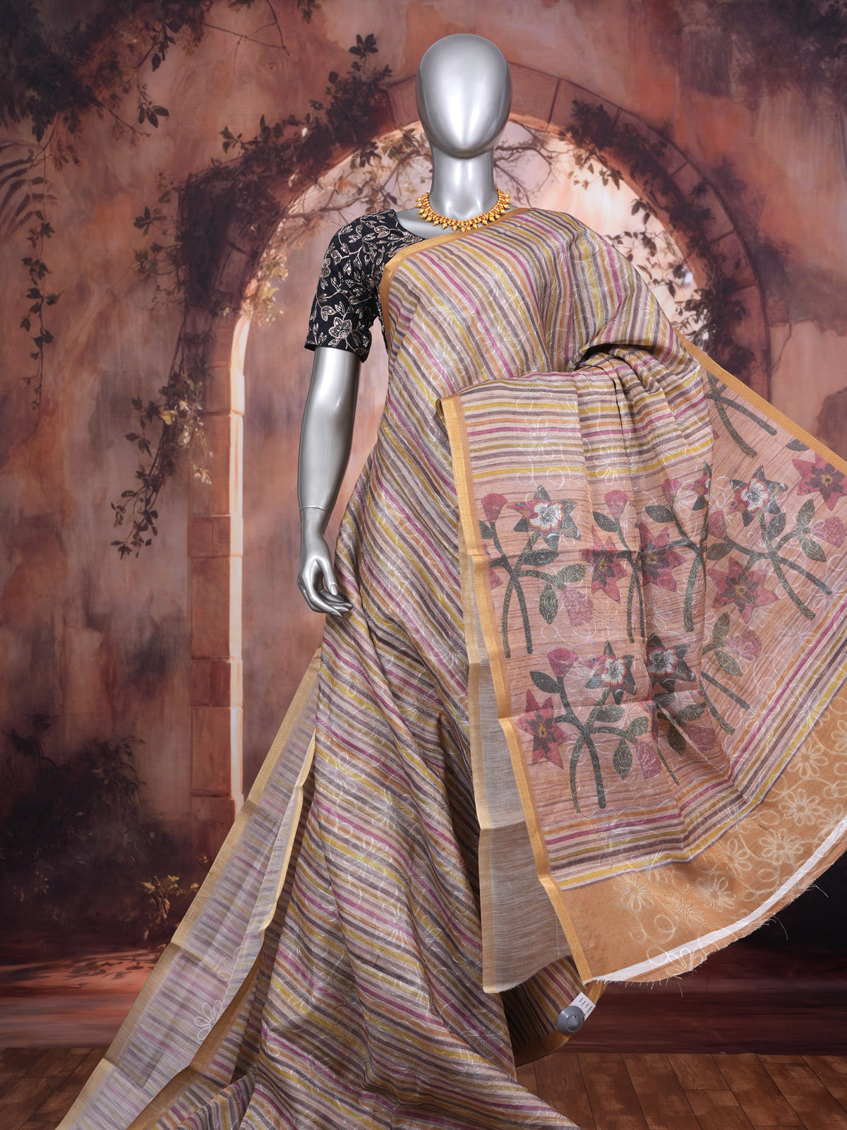 Beige and Multicolor Stripes with Peach Floral Pallu - Linen Cotton Saree
