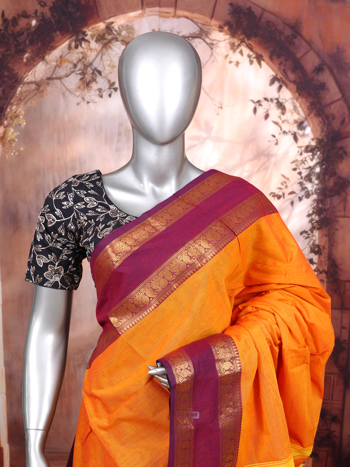 Mustard Yellow and Wine Purple Chettinad Cotton Saree