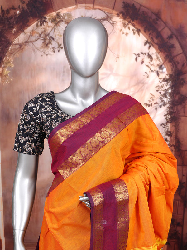 Mustard Yellow and Wine Purple Chettinad Cotton Saree