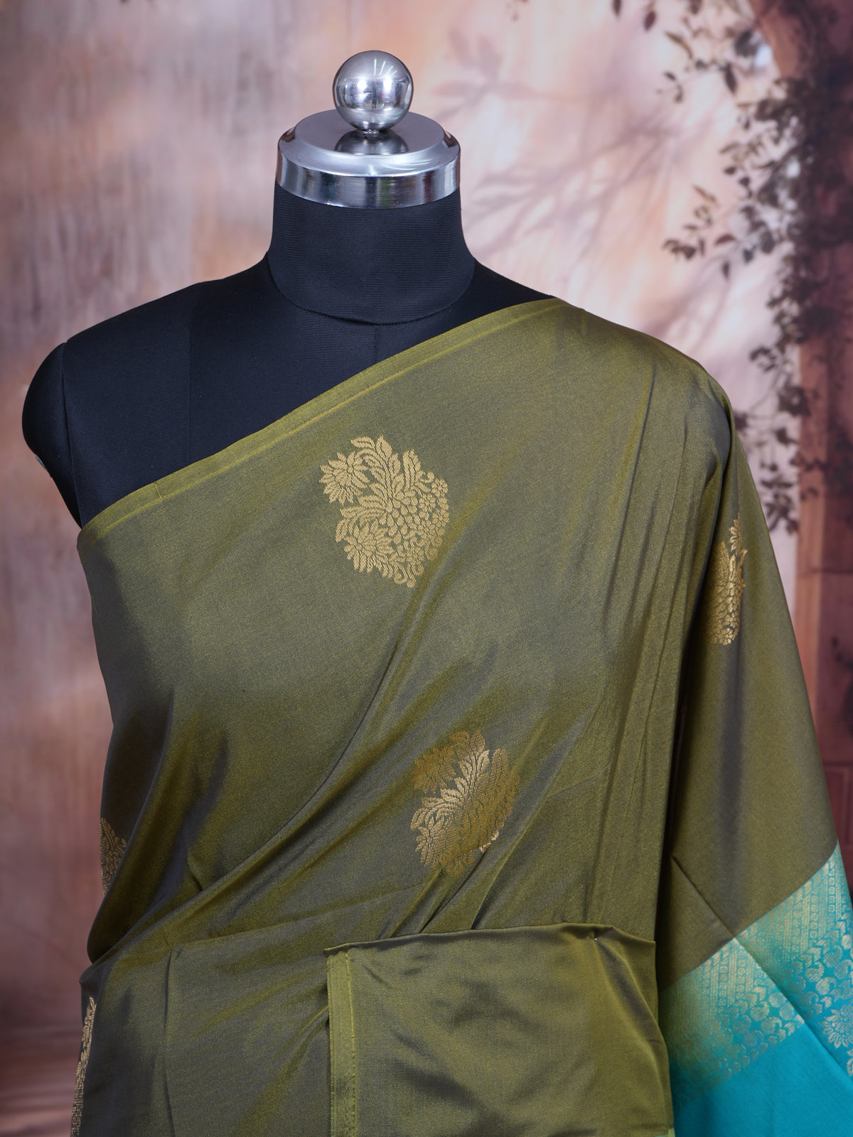 Olive Green with Peacock Blue Semi Silk Saree