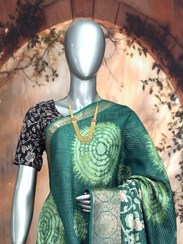 Deep Green with Matching Green and Zari Pallu - Semi Raw Silk Saree