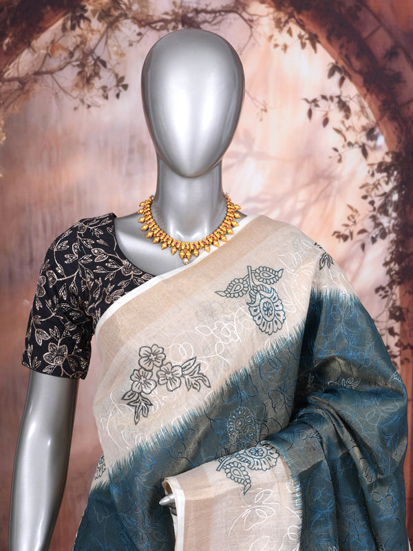 Peacock Blue with Cream - Linen Cotton Saree