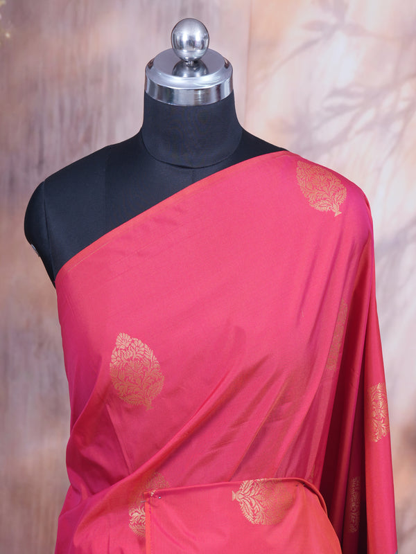 Peach-Pink With Teal Blue Semi Silk Saree