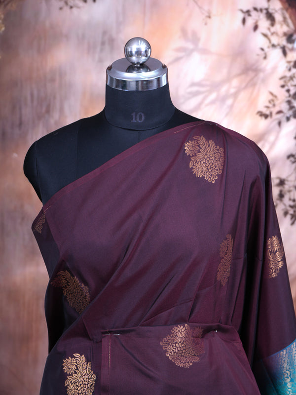 Deep Maroon With Blue Semi Silk Saree