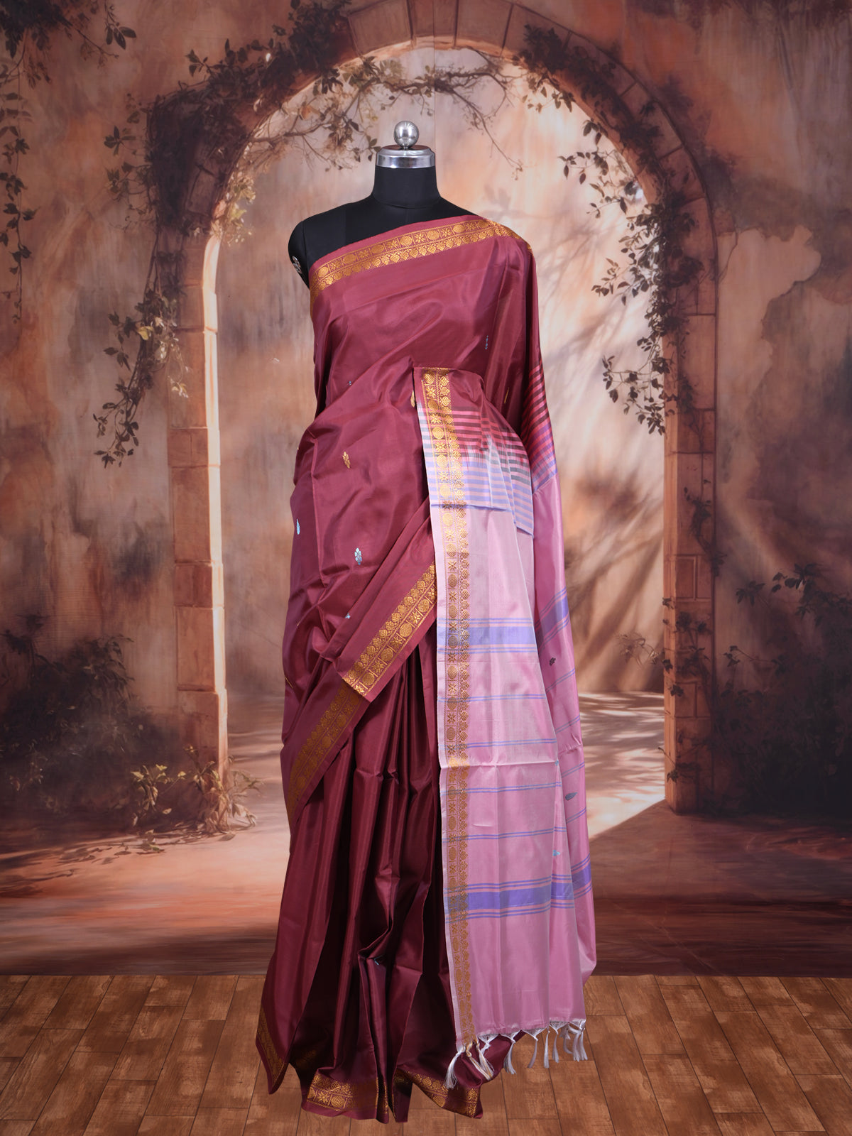 Maroon With Pink Semi Silk Saree