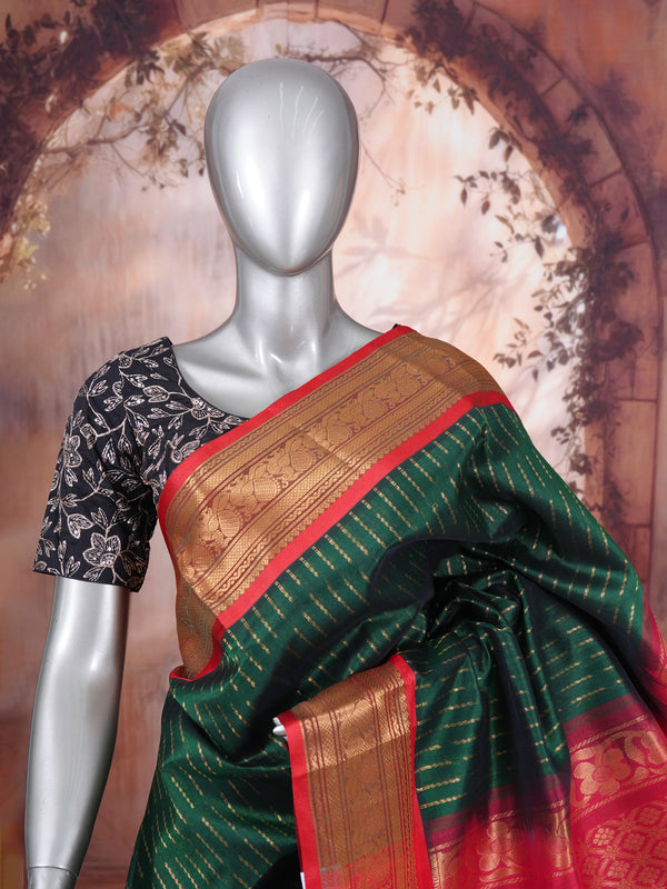 Royal Bottle Green and Crimson Red Handloom Pure Silk Cotton Saree