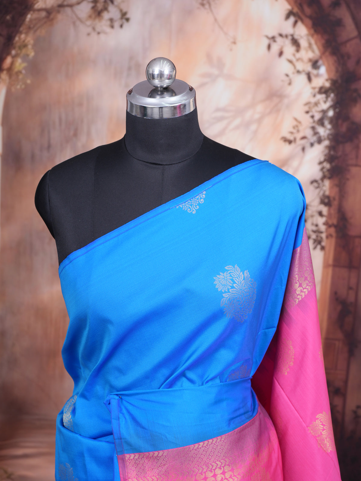 Sky Blue with rani pink Semi Silk Saree