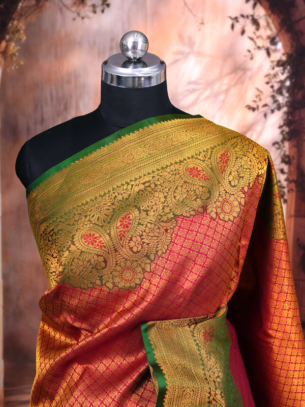 Crimson Pink and Parrot Green Kanchipuram Silk Saree