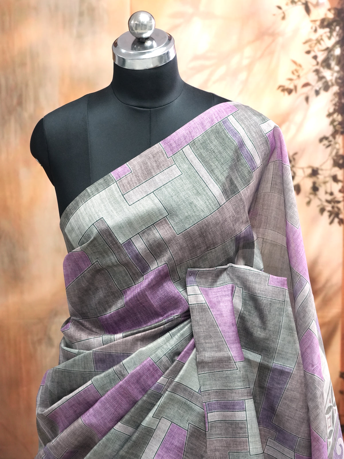 Grey and Purple with Mauve Printed Pallu - Semi Tussar Saree