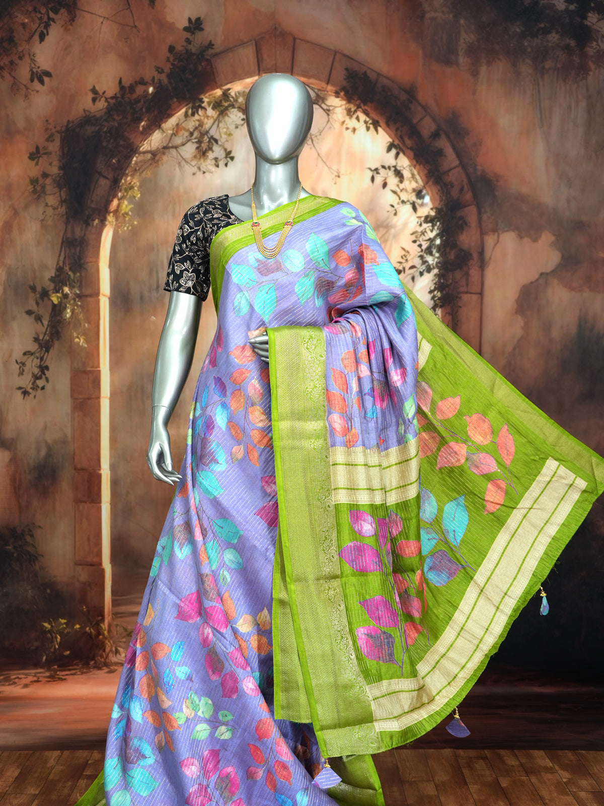 Lavender with Light Green - Semi Raw Silk Saree