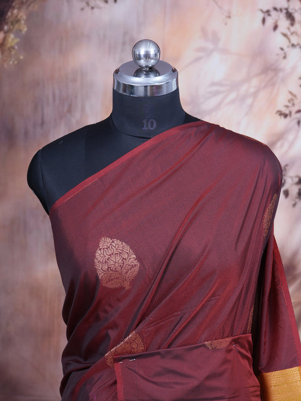 Maroon With Green Semi Silk Saree