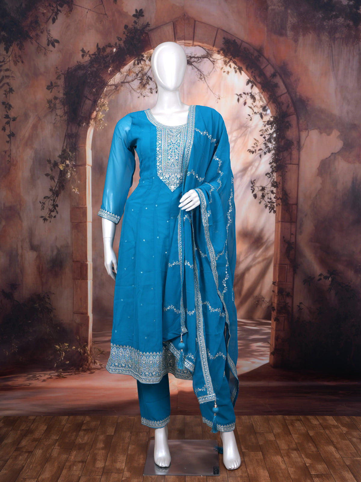 Teal Blue with Zari Ready Made Salwar Suit