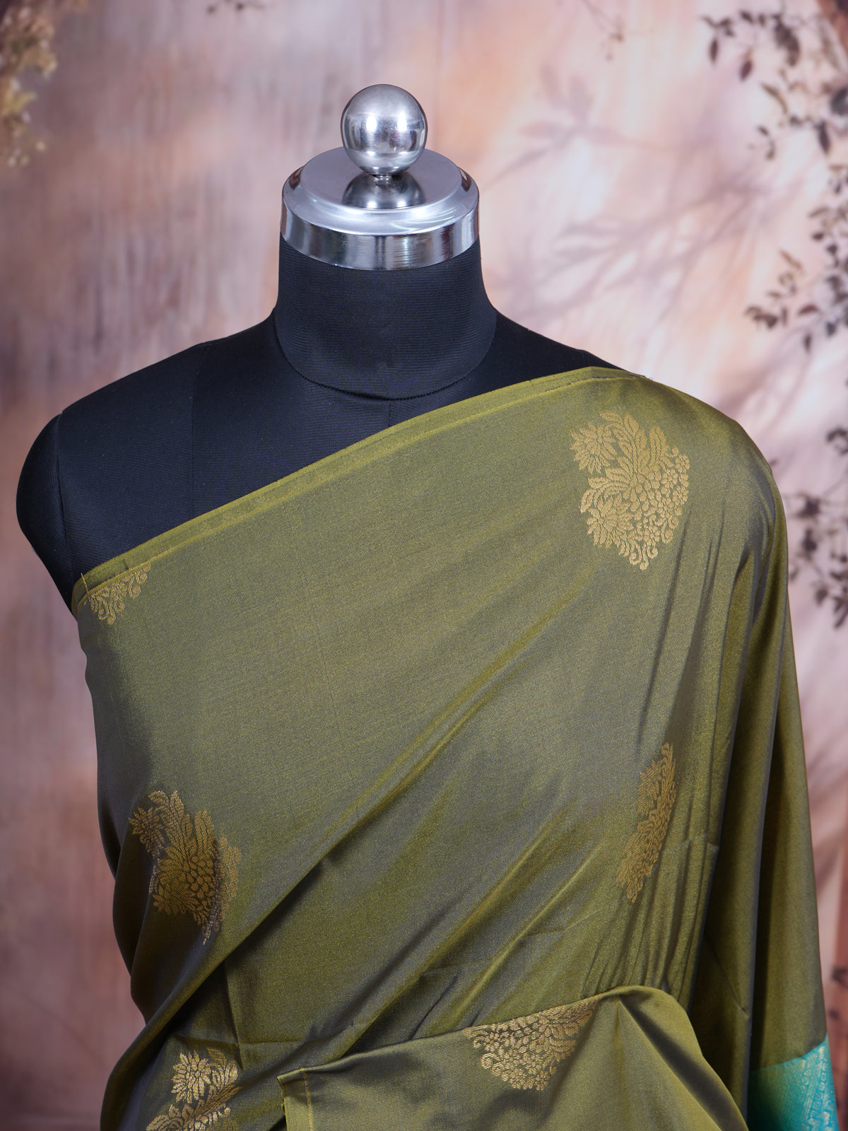 Olive Green With Blue Semi Silk Saree