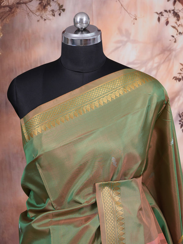 Olive Green With Orange Semi Silk Saree