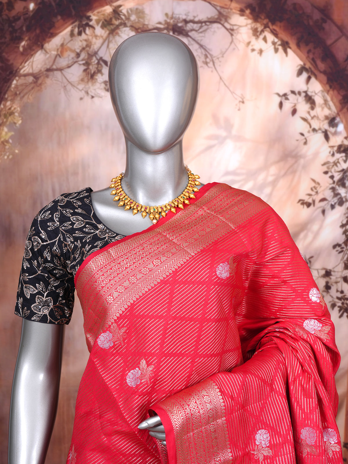 Pink Red with Metallic Gold - Semi Tussar Saree