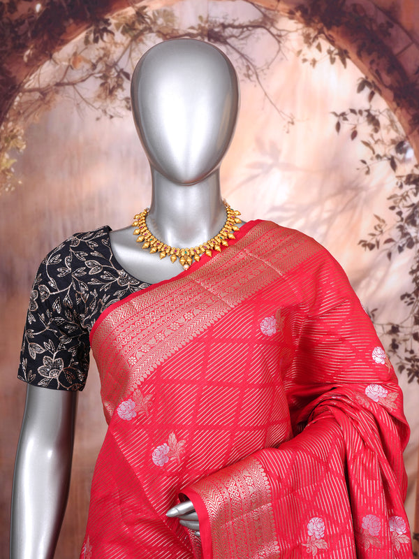 Pink Red with Metallic Gold - Semi Tussar Saree
