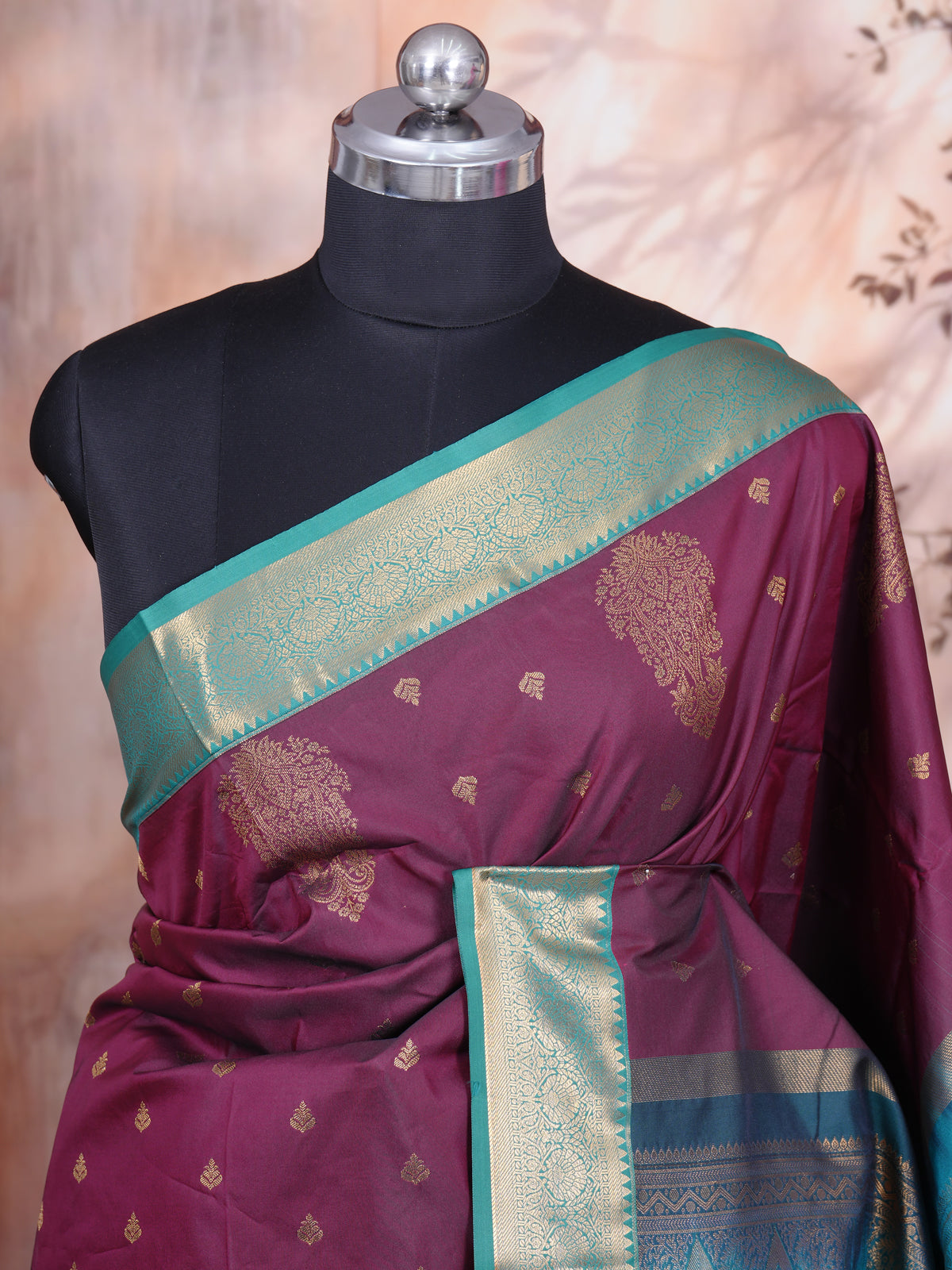 Wine Purple with Rama Green Kanchipuram Fancy Silk Saree