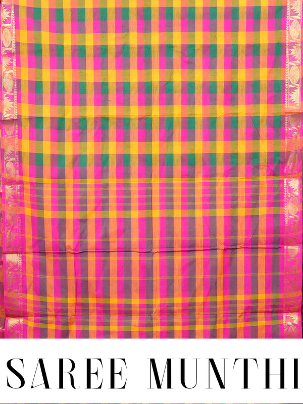 Multicolor Plaid and Pink Chettinad Cotton Saree