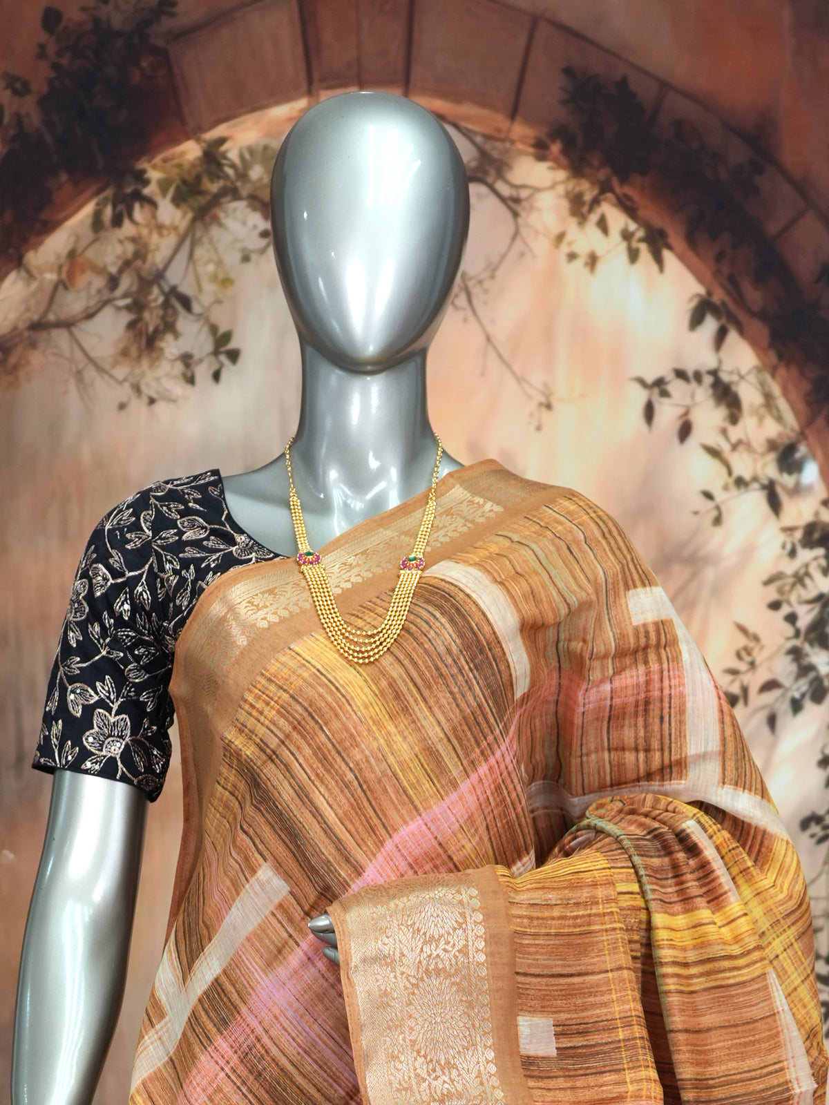 Elegant Ochre Brown with Golden Zari Pallu - Semi Raw Silk Saree