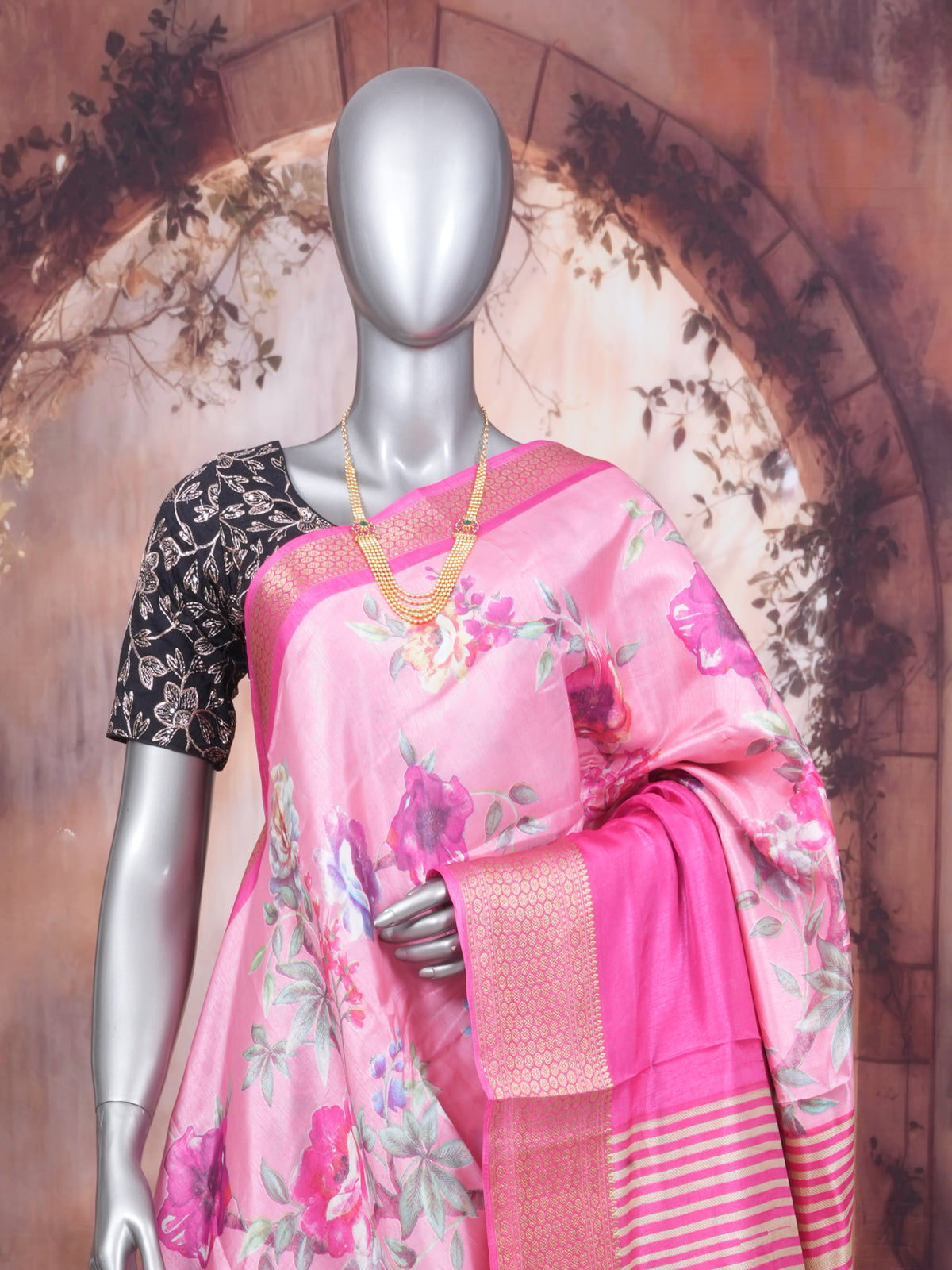Light Pink Floral Printed Saree with Dark Pink Zari Pallu - Semi Raw Silk Saree