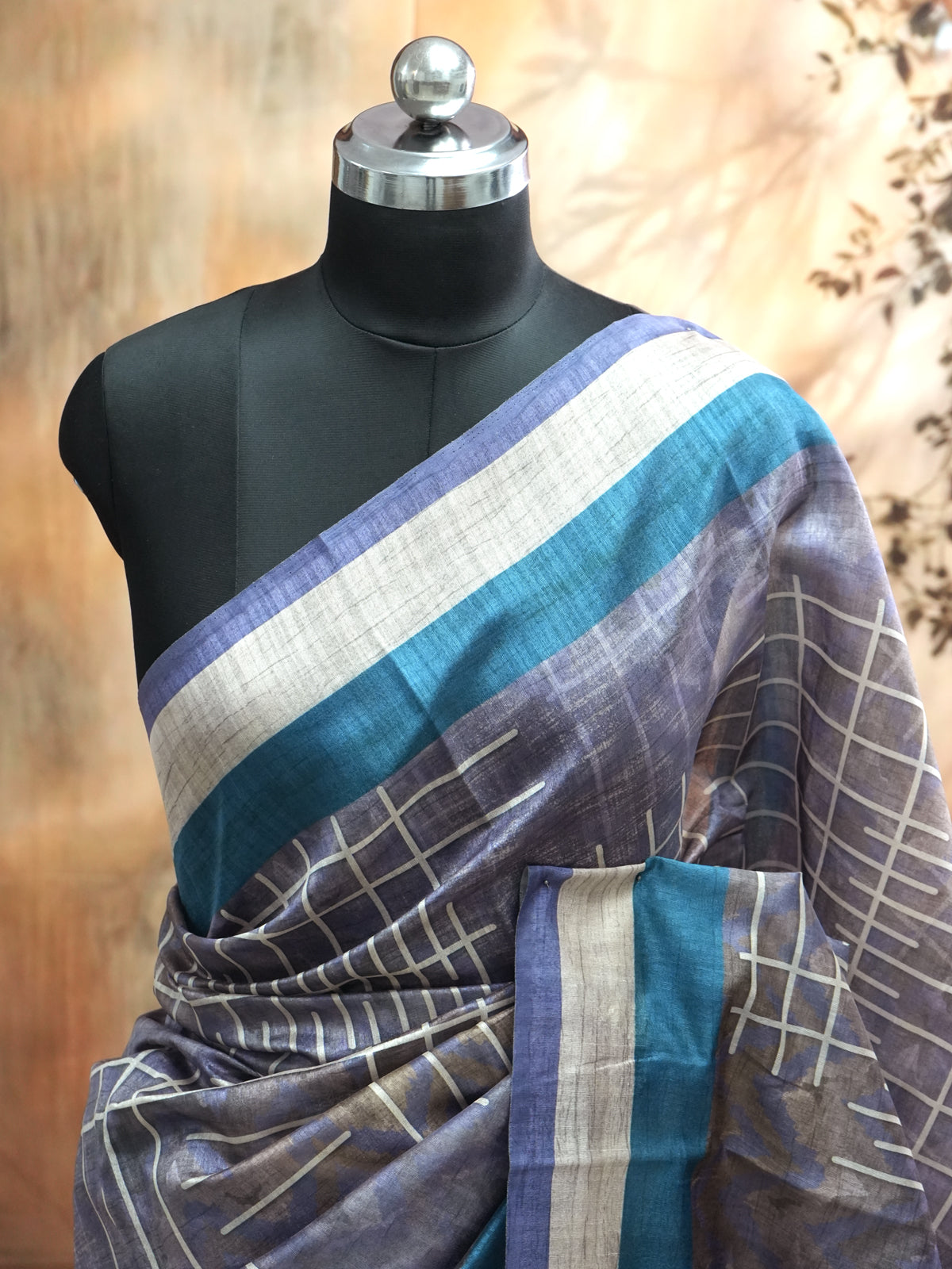 Steel Grey with Teal Blue -Semi Tussar Saree